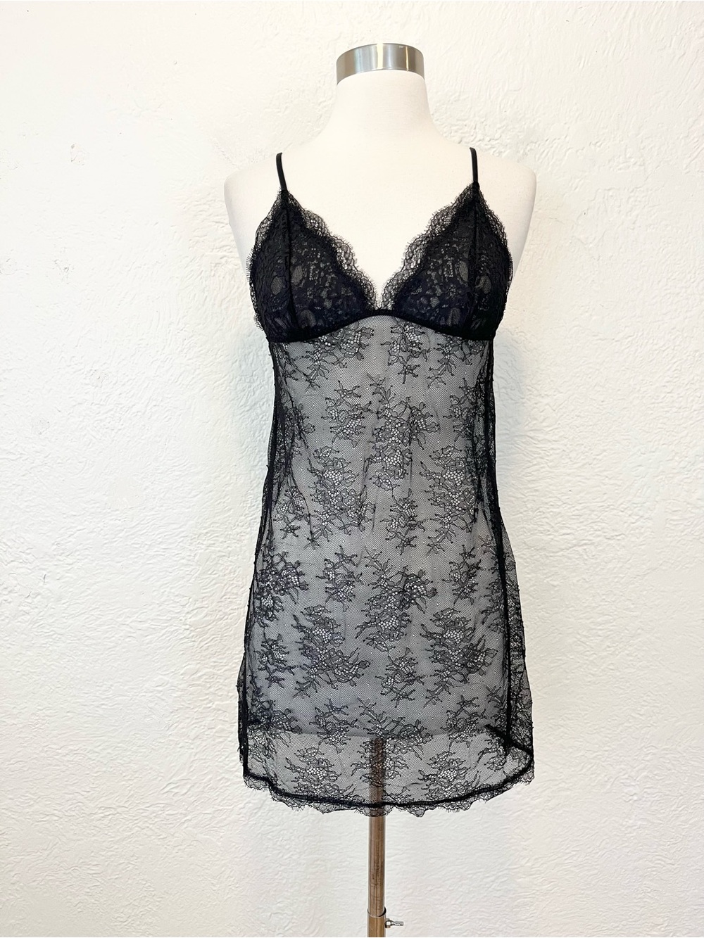 Victoria's Secret Black Mesh Lace Slip Dress Babydoll Lace Up Back Sheer Medium